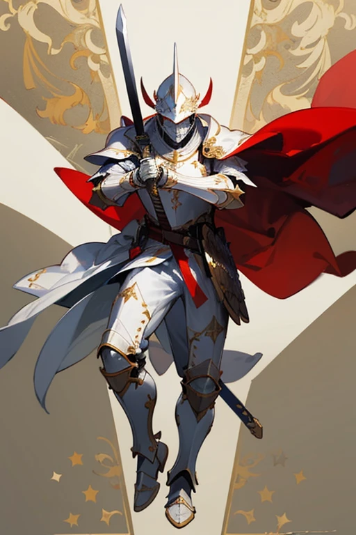 ((highest quality)), ((masterpiece)), (Familiar), One man,Fantasy,White Knight,Full Body Armor,Full-face helmet,White Armor,大sword,White Armor,Golden decoration,Red pattern,sword,Cape