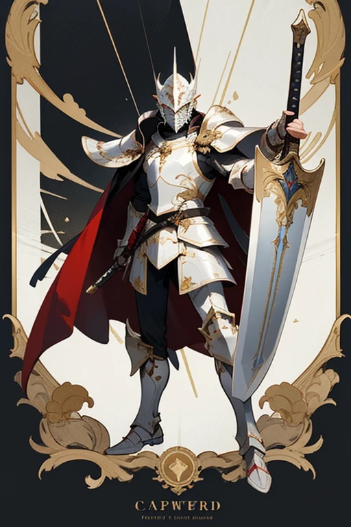 ((highest quality)), ((masterpiece)), (Familiar), One man,Fantasy,White Knight,Full Body Armor,Full-face helmet,White Armor,大sword,White Armor,Golden decoration,Red pattern,sword,Cape