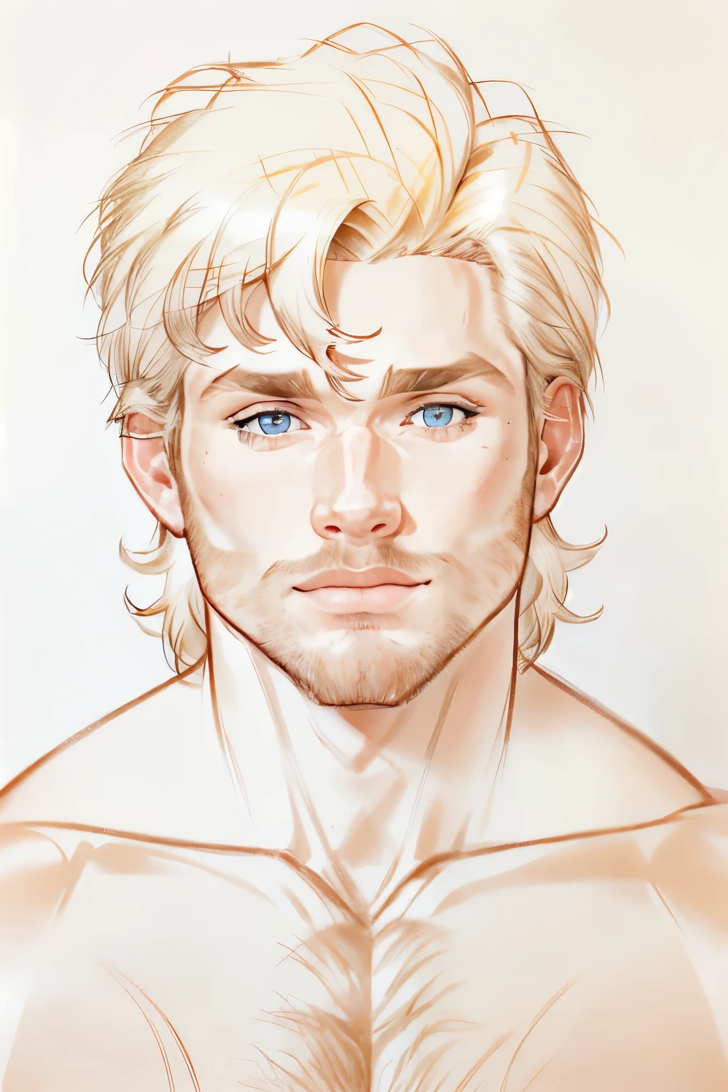 pencil sketch of (one male), (looking at viewer), (head shot:1.5) (portrait:1.5),
Very detailed manly face, heroic, detailed realistic open light blue eyes, (muscular:1.5), (big muscles), (massive pecs), (hairy pecs), narrow waist and hips, (light blonde hair), (slight smile), (shirtless) (topless male). highly detailed, high quality, masterpiece
