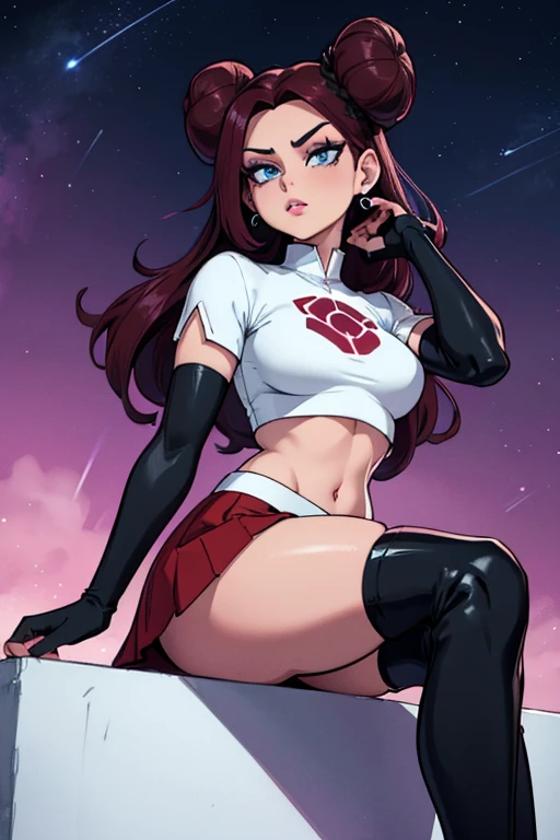 rosa pokemon, large side buns, blue eyes, brown ,earrings ,lipstick, eye shadow ,team rocket uniform, red letter R, white skirt,white crop top,black thigh-high boots, black elbow gloves, evil villianess look, looking down on viewer, sitting ,crossed legged, night sky background