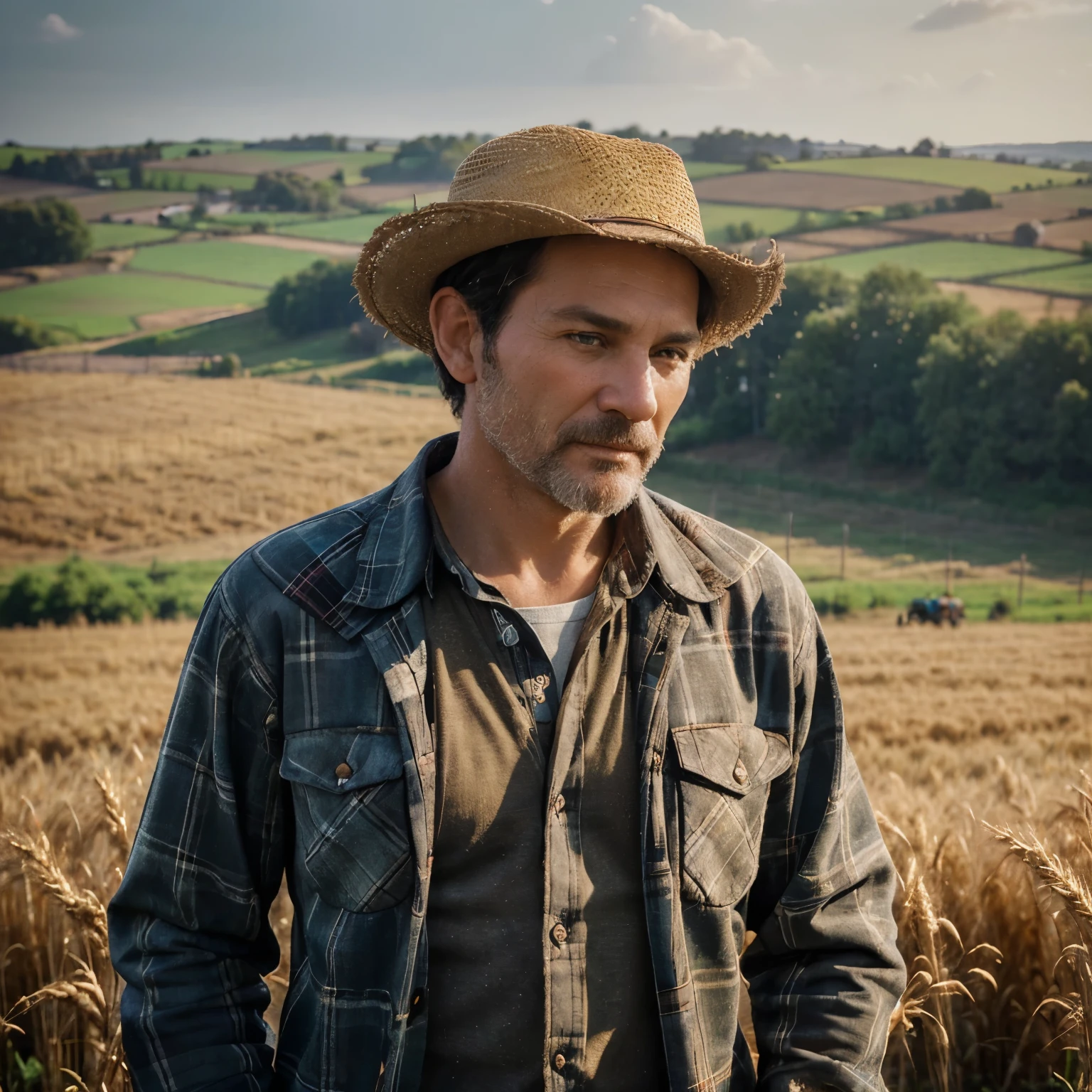 (best quality, ultra-detailed, realistic:1.37), portrait, black-haired, 45-year-old farmer, wearing a red plaid shirt, straw hat [agricultural theme], rustic scenery, vast farmland, golden wheat fields, a wooden fence [traditional farming equipment], a vintage tractor, morning sunlight, warm and vibrant colors, precise brushstrokes, lifelike details