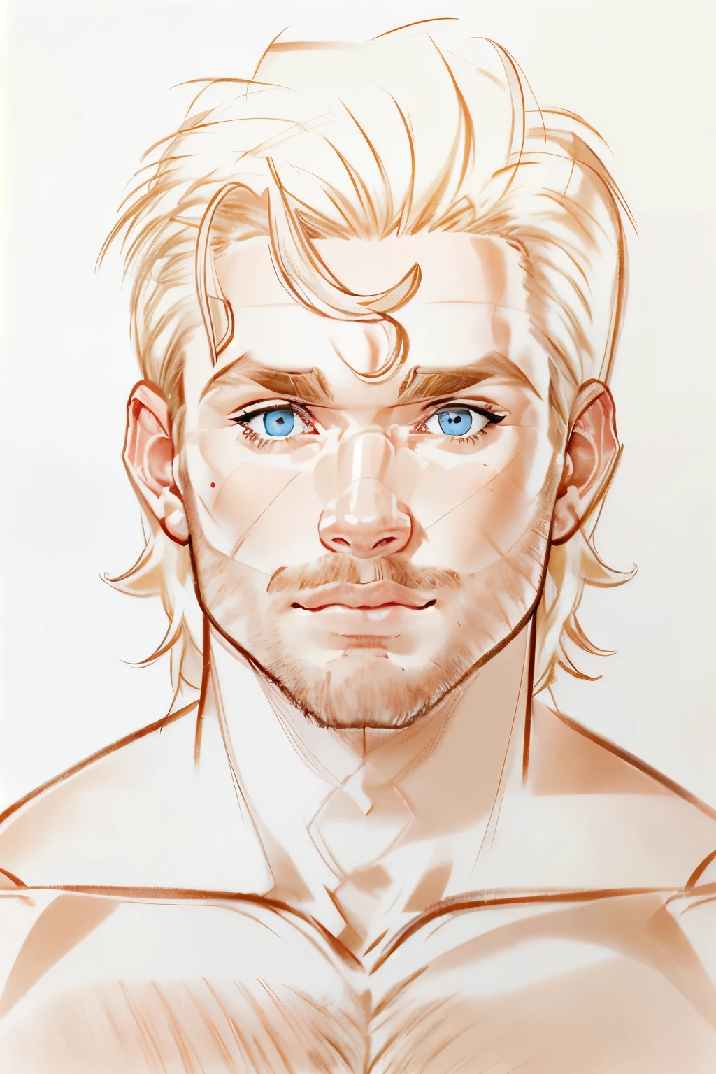 pencil sketch of (one male), (looking at viewer), (head shot:1.5) (portrait:1.5),
Very detailed manly face, heroic, detailed realistic open light blue eyes, (muscular:1.5), (big muscles), (massive pecs), (hairy pecs), narrow waist and hips, (light blonde hair), (slight smile), (shirtless) (topless male). highly detailed, high quality, masterpiece
