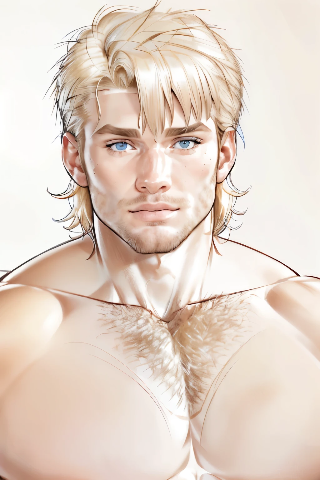 pencil sketch of (one male), (looking at viewer), (head shot:1.5) (portrait:1.5),
Very detailed manly face, heroic, detailed realistic open light blue eyes, (muscular:1.5), (big muscles), (massive pecs), (hairy pecs), narrow waist and hips, (light blonde hair), (slight smile), (shirtless) (topless male). highly detailed, high quality, masterpiece
