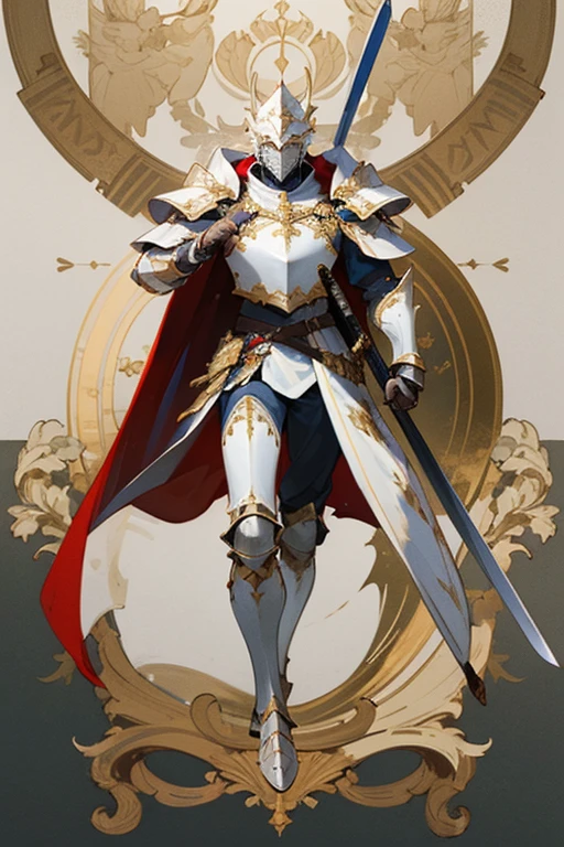 ((highest quality)), ((masterpiece)), (Familiar), One man,Fantasy,White Knight,Full Body Armor,Full-face helmet,White Armor,大sword,White Armor,Golden decoration,Red pattern,sword,Cape