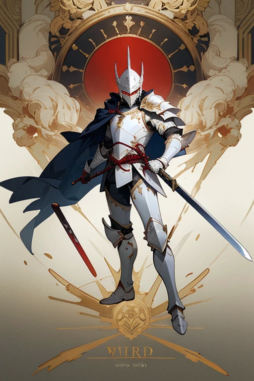 ((highest quality)), ((masterpiece)), (Familiar), One man,Fantasy,White Knight,Full Body Armor,Full-face helmet,White Armor,大sword,White Armor,Golden decoration,Red pattern,sword,Cape