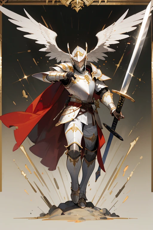 ((highest quality)), ((masterpiece)), (Familiar), One man,Fantasy,White Knight,Full Body Armor,Full-face helmet,White Armor,大sword,White Armor,Golden decoration,Red pattern,sword,Cape