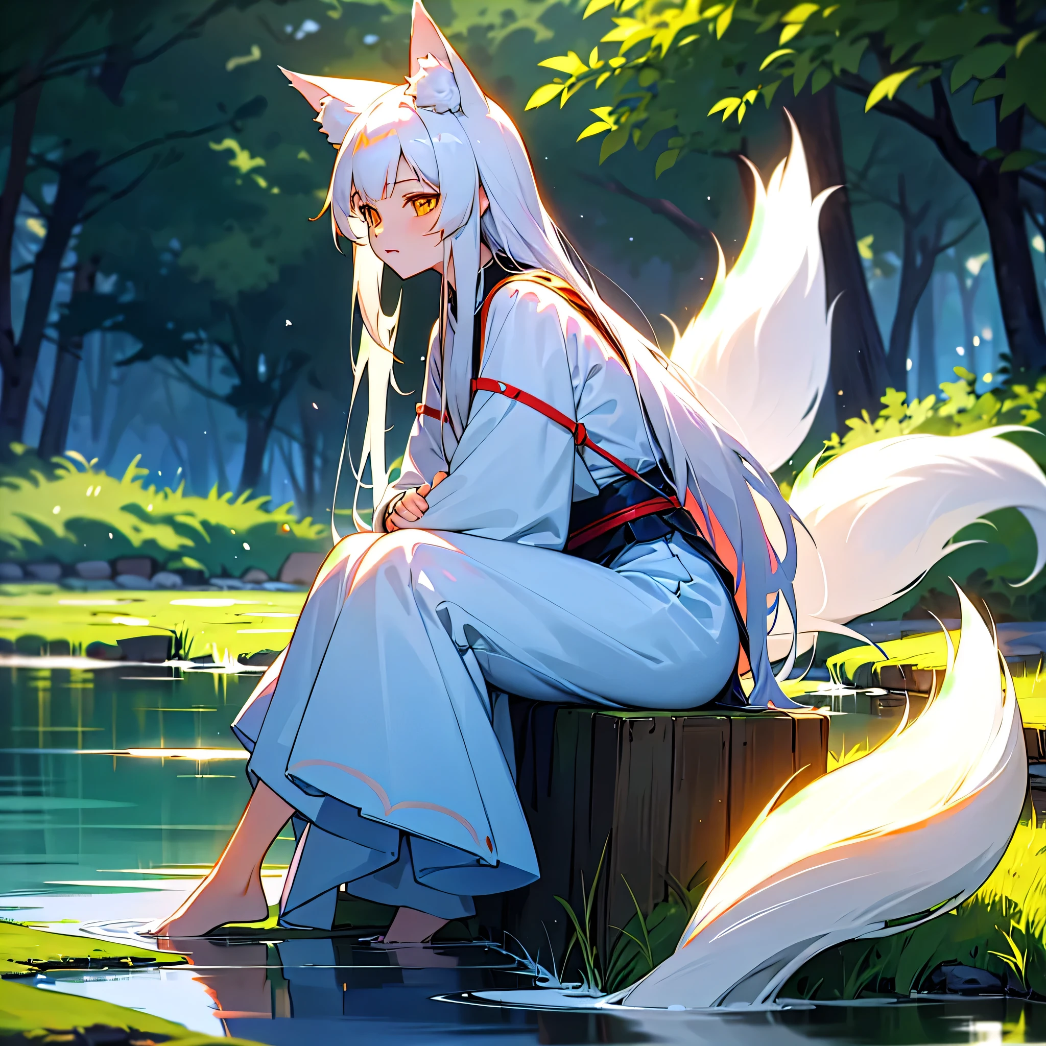 Anime girl sitting on grass by the water,There is a cat tail, White-haired fox, a beautiful kitsune woman, Holo is a wolf girl, a beautiful fox lady, Kitsune, holo if a wolf girl, relaxed poses, kitsune three - tailed fox, gazing at the water, white fox anime, ethereal fox, author:Shitao High contrast,Anime girl sitting on grass by the water,There is a cat tail, White-haired fox, a beautiful kitsune woman, Holo is a wolf girl, a beautiful fox lady, Kitsune, holo if a wolf girl, relaxed poses, kitsune three - tailed fox, gazing at the water, white fox anime, ethereal fox, author:Shitao ,High definition,Ultra-realistic photography 4K Full HD with ultra-realistic details,Better quality,tmasterpiece, ultra - detailed, offcial art