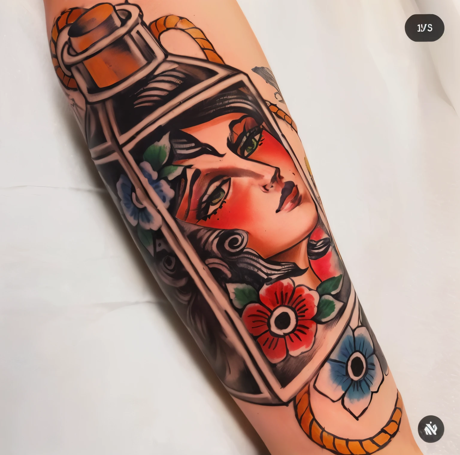 hay un tatuaje de una mujer con una botella en el brazo, tinta tradicional!, tinta tradicional, tatuaje tradicional, neotatuaje tradicionals, linea fuerte, por Brian Fies, by Tom Wänerstrand, by Samu Börtsök, entintado y coloreado, heavy lines, strong line of work, End of line, sharp linework, Very detailed feeling