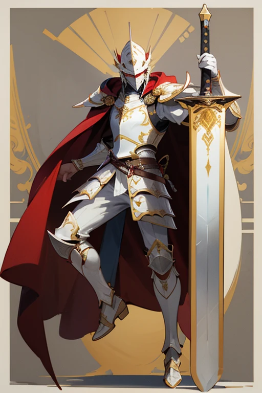 ((highest quality)), ((masterpiece)), (Familiar), One man,Fantasy,White Knight,Full Body Armor,Full-face helmet,White Armor,大sword,White Armor,Golden decoration,Red pattern,sword,Cape