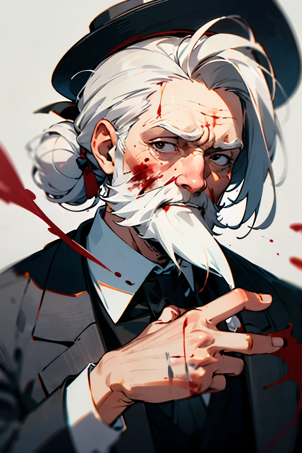 ((Best quality)), ((masterpiece)), (detailed), perfect face, anime style, 1 old Man, White hair, hair tied in a bun, full beard, gray fedora, formal black attire, coughing up blood