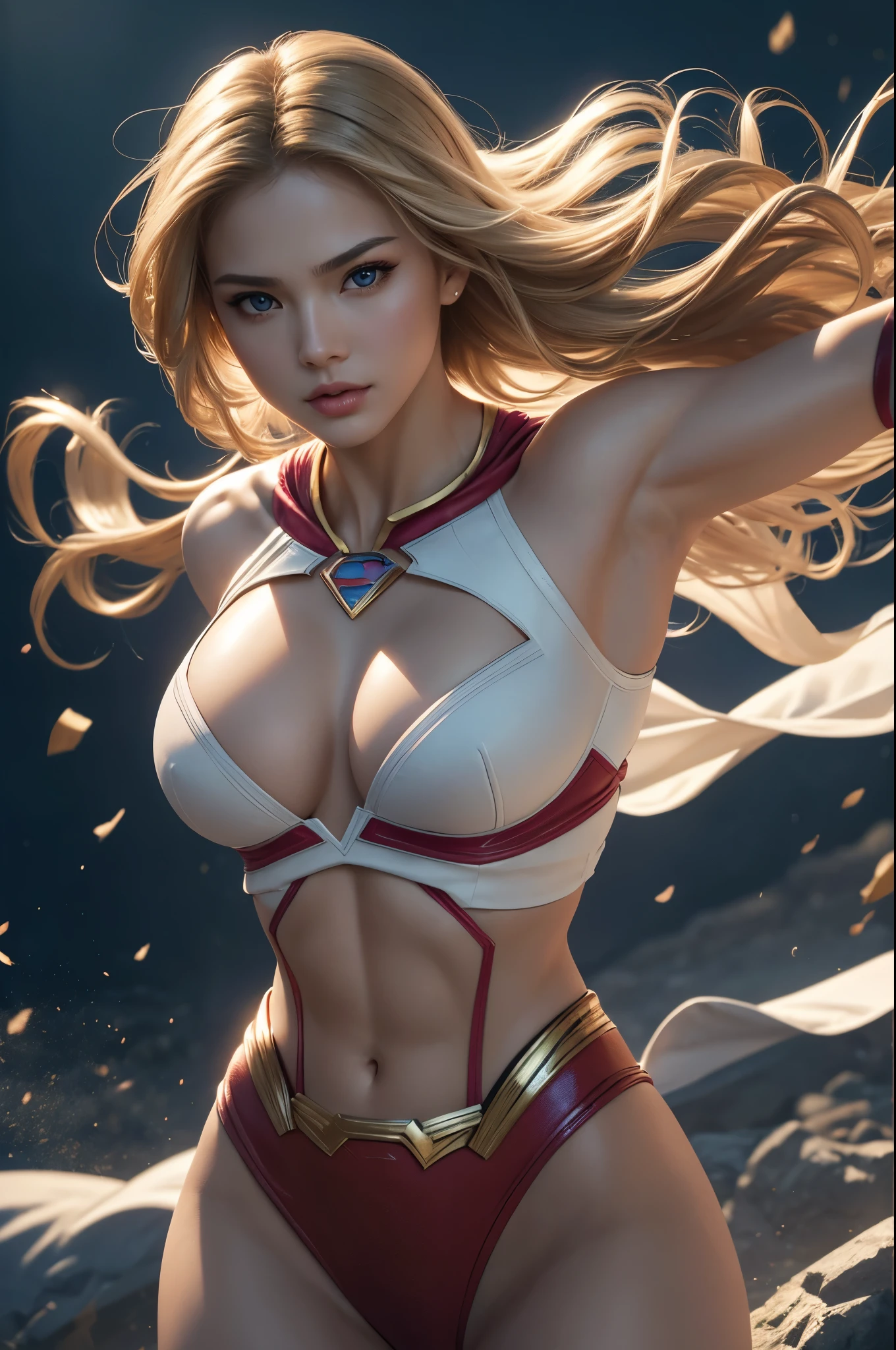 8K,Heroine of Justice,Supergirl,Blonde,Super Beauty(Like the real thing),Kryptonian,Superman Costume,masterpiece,Photorealistic RAW photos of the highest quality。Bright colors,Rich colors, Backlight, Cinema Lighting, Film Grain, to be born, 50mm lens, Nikon D850,Realistic Skin,Fantasy art,Character Art,Ultra-high resolution,Surreal,A wonderful work of art、((Kyoto Panel Style))、Wind effects:1.9、Cloud Effect:1.2、Full Rendering、Professional quality high resolution、Perfect contrast、Perfect lighting、Perfect composition、Perfect Skin、Perfect Fingers、Perfect breasts、Perfect Hair、Perfect Face、Realistic facial features,super highest quality,Slim figure,Perfect body line,Perfect hand shape,Anatomical body balance,Highly detailed face,Highly detailed eyes,Beautiful Lips,Excellent light particles,Cinema Lighting,Makeup,Ultra-high resolution,超Realistic Skin,Sexy woman closeup,Dynamic pose,Hard and strong abs,Makeup,Very large breasts,Fighting Pose,battle,