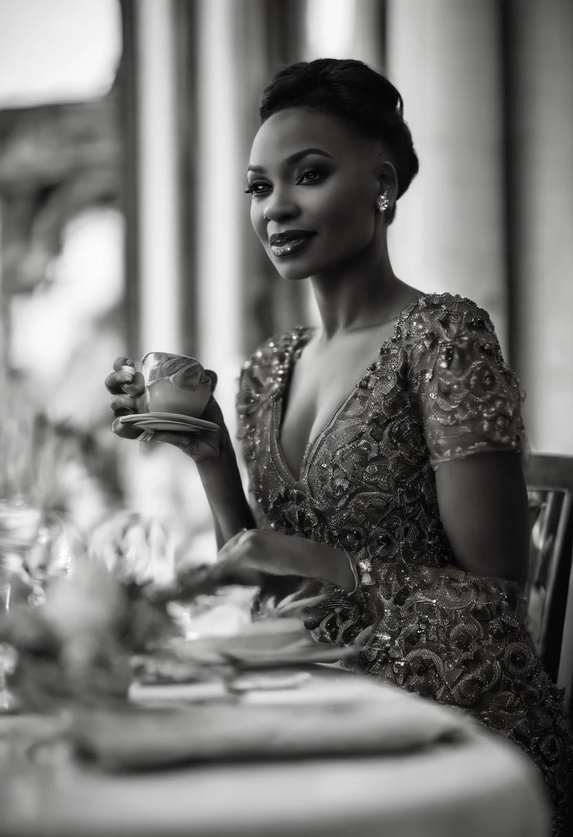 Beautiful woman Ebitimi wearing red dresig ))), (((cleavage))), vestido ornamentado branco, mulhee negra africana, mulher negra bonita, beleza estonteante, mulher deslumbrante, Tema branco cabelo ondulado, mulher africana, drinking coffee in a hotel
