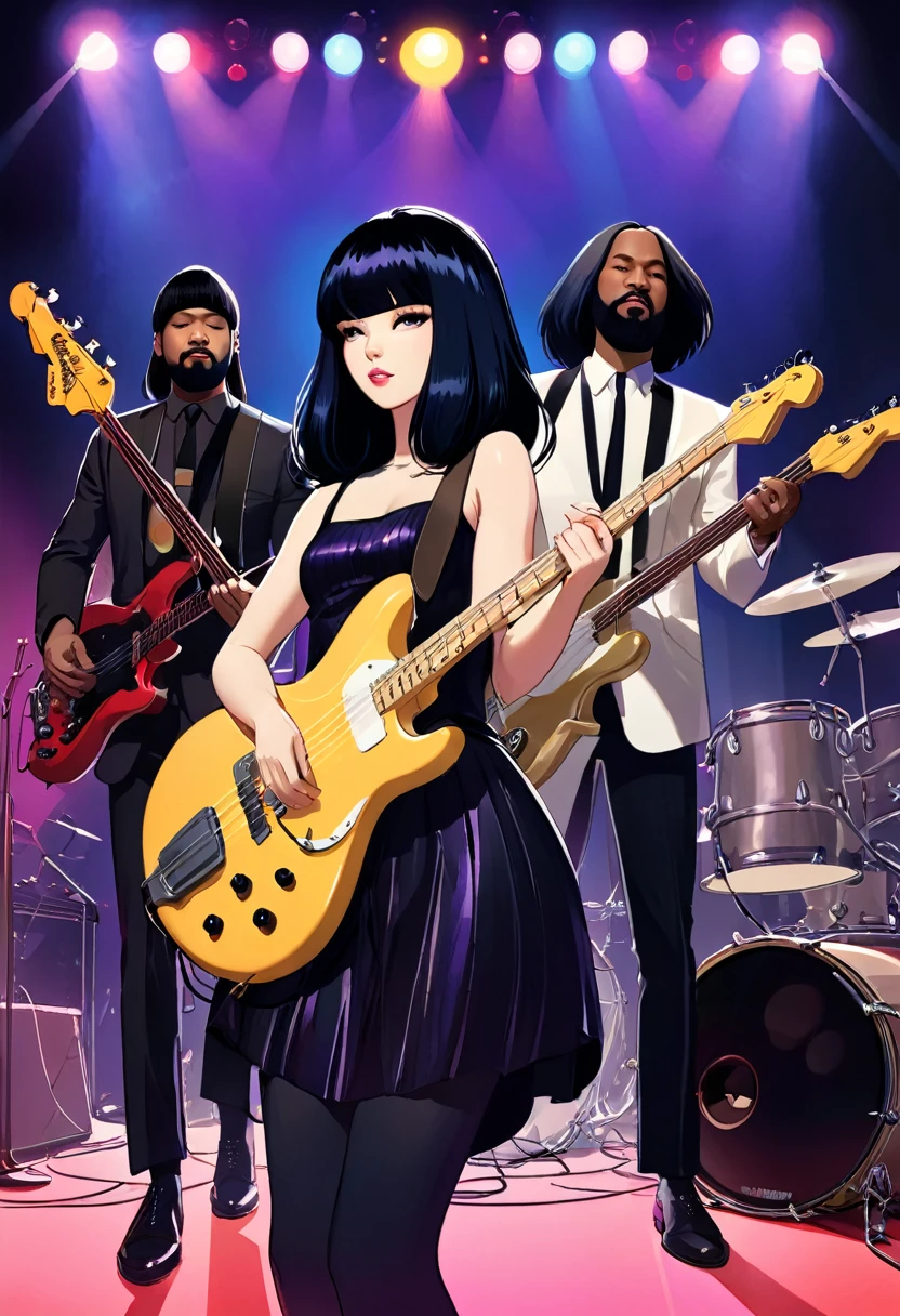 Khruangbin, the music band, composed of Mark Speer a white male guitarist with long black wig, Laura Lee a white woman bassist with long black wig, and Donald Johnson a black man bearded bald drummer without wig. They are playing a show on stage. Create in ilya kuvshinov style