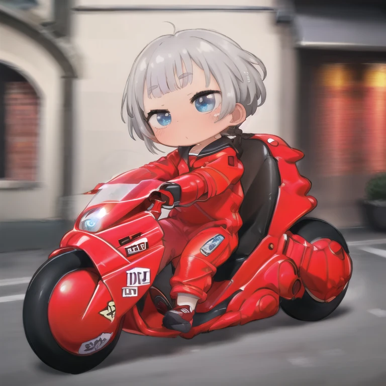 masterpiece,high quality, 1 girl,(serafuku:1.2)，Sitting，Lean back;Put your foot forward, 10-year-old female，Thick eyebrows，Droopy eyes, Baby Face，Round face，Big round eyes，Braiding, Short pigtails, Blunt bangs，Gray Hair，Blue eyes，Very short stature，Very thin limbs，(((Red leather jumpsuit)))，kanedabike，Large scooter，Very low seat,Low vehicle height,One step ahead,