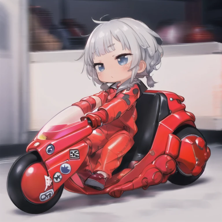 masterpiece,high quality, 1 girl,(serafuku:1.2)，Sitting，Lean back;Put your foot forward, 10-year-old female，Thick eyebrows，Droopy eyes, Baby Face，Round face，Big round eyes，Braiding, Short pigtails, Blunt bangs，Gray Hair，Blue eyes，Very short stature，Very thin limbs，(((Red leather jumpsuit)))，kanedabike，Large scooter，Very low seat,Low vehicle height,One step ahead,