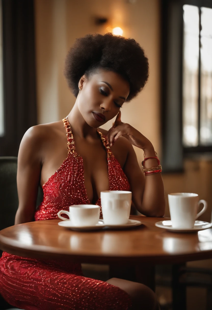 Beautiful woman Ebitimi wearing red dresig boobs))), (((cleavage))), vestido ornamentado branco, mulhee negra africana, mulher negra bonita, beleza estonteante, mulher deslumbrante, Tema branco cabelo ondulado, mulher africana, drinking coffee in a hotel
