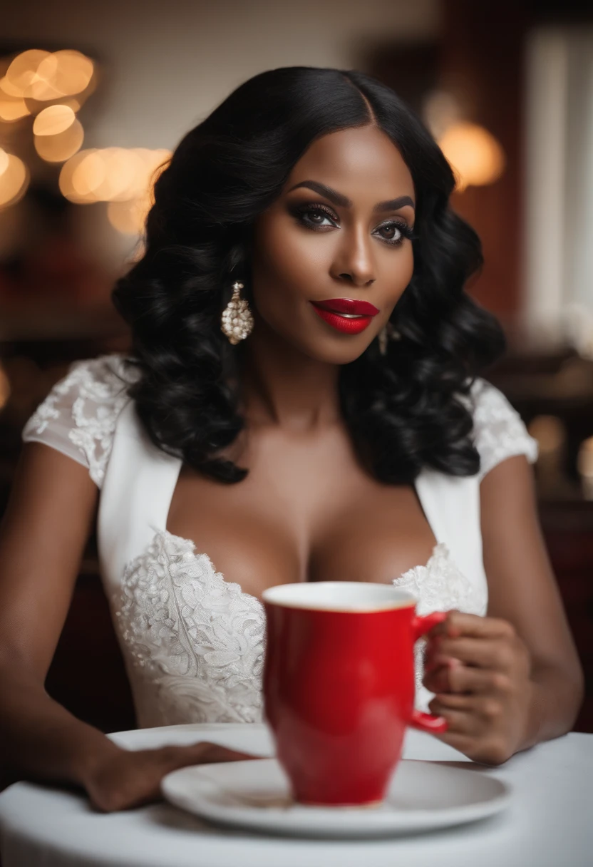 Beautiful woman Ebitimi wearing red dresig boobs))), (((cleavage))), vestido ornamentado branco, mulhee negra africana, mulher negra bonita, beleza estonteante, mulher deslumbrante, Tema branco cabelo ondulado, mulher africana, drinking coffee in a hotel
