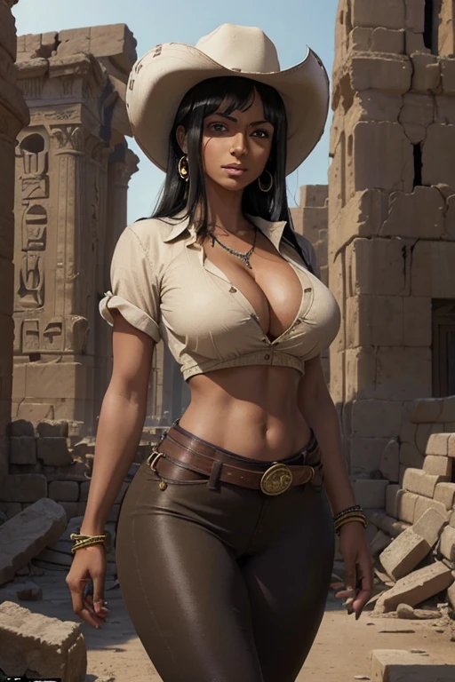 (masterpiece), best quality, expressive eyes, perfect face, Nico Robin in Egypt ruins, (egypt ruins background), (posing), (seductive expression), (closeup view), (1girl, Nico Robin face, ebony, dark skin, tanned skin, tan, black hair, short straight hairstyle with bangs, straight bangs, brown eyes, hourglass figure, thick body, curvy body, large breasts, huge breasts, oppai, large cleavage, wide hips, thick thighs, (tight fit clothes, beige button shirt, rolled-up sleeves, croptop, exposed cleavage, large cleavage, brown leggings, brown cowboy hat, tribal jewelry, tribal armlets, tribal earings, tribal necklace, tribal bracelets, hip belt, satchel),