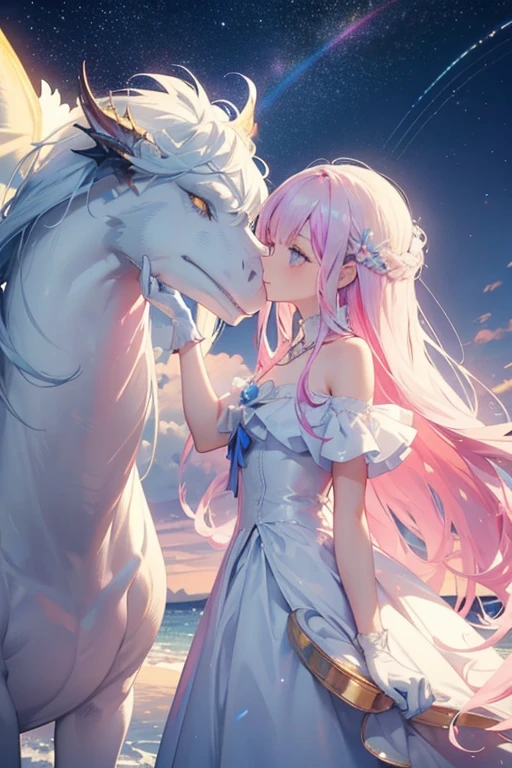 Beautiful and elegant girl with shiny white gloves holding the head of and kissing the face of an immense and fantastic spectacular dragon of vibrant colors white scales that blend into a fluffy mane of rainbow colors, a garota tens o cabelo branco com mechas de variadas cores e brilhante, the environment is bright and beautiful under clear water and a clear starry sky with the sun shining brightly even during the day and the clouds fluffy like cotton candy
