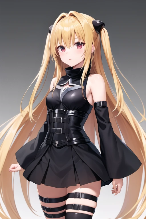 masterpiece, highest quality, High resolution, Ayami, Very long hair, Both sides up, hair ornaments, Exposing shoulders, Black Dress, Clothing cutouts, Removable sleeves, belt, Thigh straps, Are standing, Cowboy Shot,