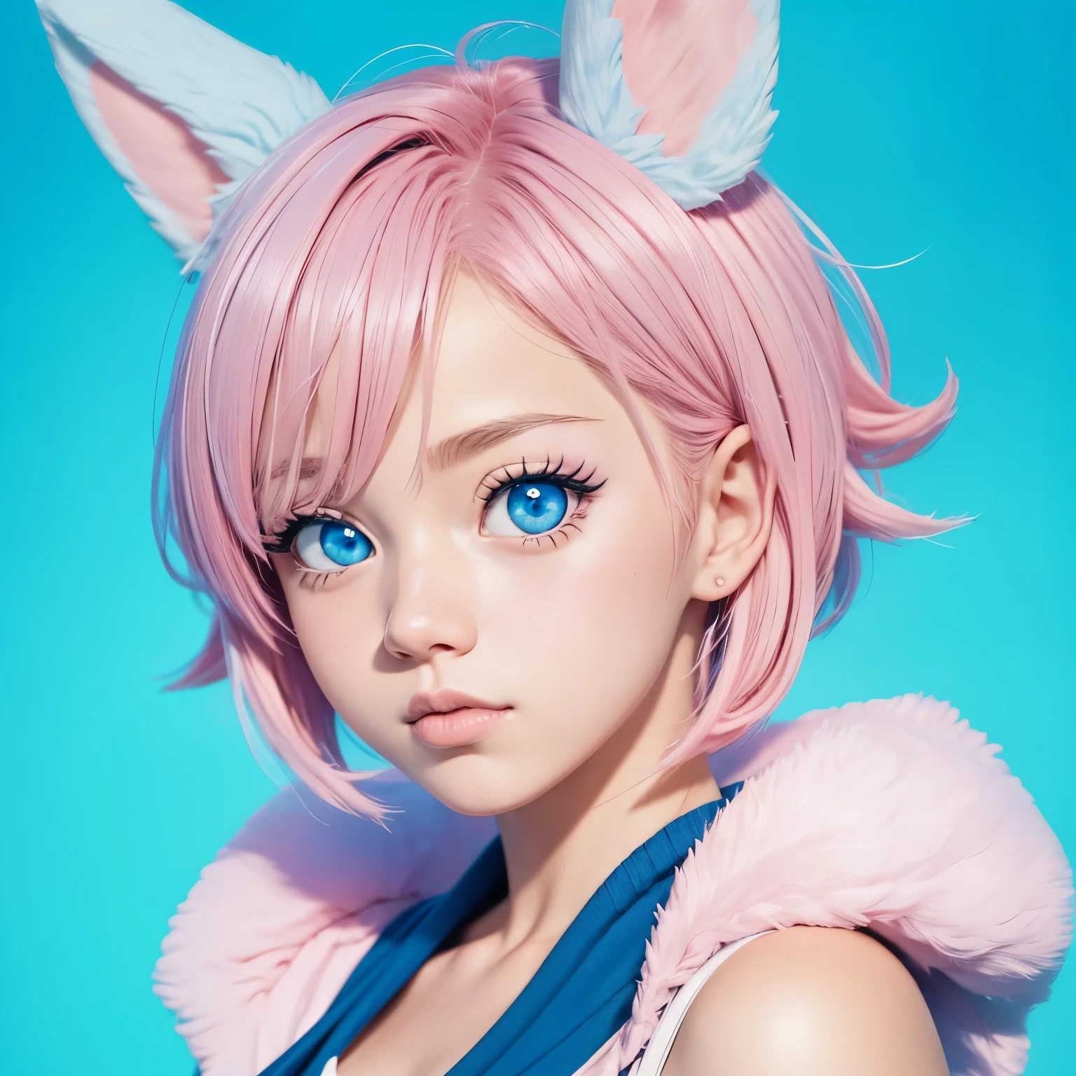 boy, boku no hero academia style, big blue eyes, short pink hair, pink lips, bunny ears.