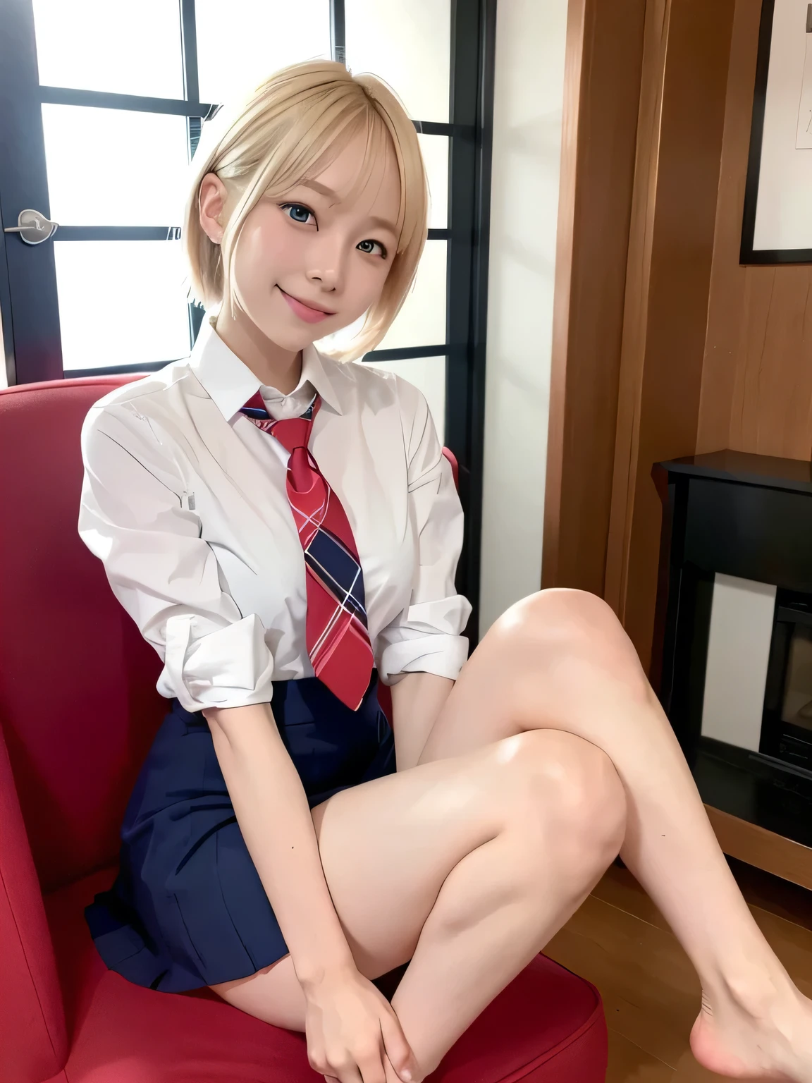 one person、one person、Blonde、A -yeld hischool girl poses for a photo in a short-sleeved white sailor uniform、The right foot is down、Blonde、victory、Short Hair、Tsundere、masterpiece、High-level image quality、Sharp focus）、White shirt、Cleavage、Red tie、Navy and red checked mini skirt、cute、Japanese women、17 years ghter、(Perfect Anatomy、Delicate and beautiful hands and feet)、Blue Wall,Small breasts、Nogizaka Idol、Slender figure、sexy、Sitting in a chair、I can see your thighs