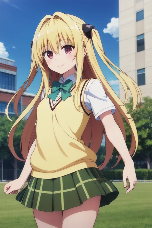 masterpiece, highest quality, High resolution, Ayami, Very long hair, Both sides up, hair ornaments, , Green bow tie, White shirt, Sweater vest, Yellow vest, Short sleeve, Checked skirt, Green Skirt, Are standing, Cowboy Shot, smile, Outdoor