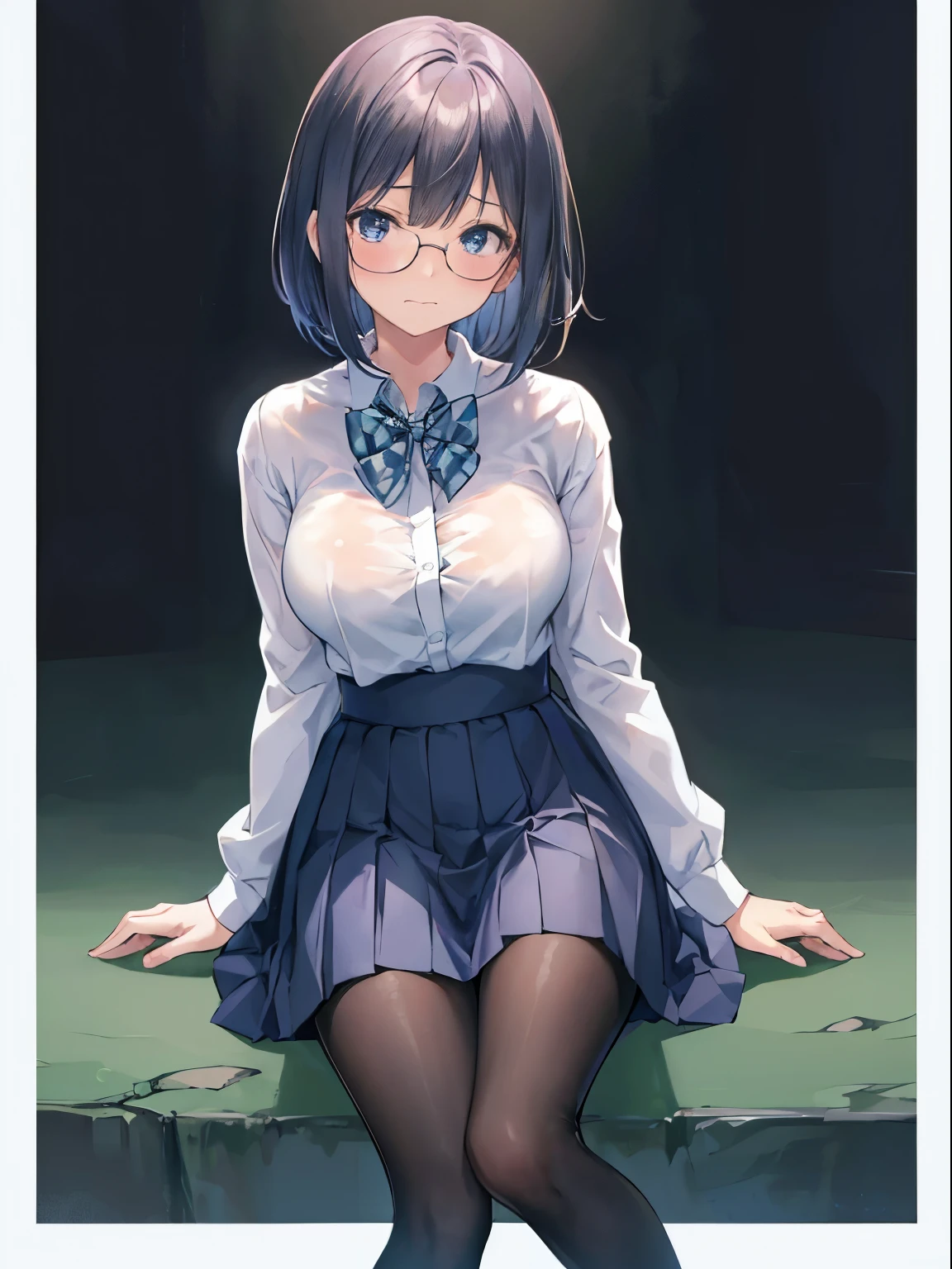 (8k、RAW Photosgraphy、highest quality、masterpiece:1.2),Staring at the audience,Viewed from the front,Long Bob Cut,strong,Muchimuchi,erotic,student,Light green Bra,White skin,knees,(Black Pantyhose),Absurd,Small Face,,Very large breasts,Big Breasts、黒hair、前hairを真ん中から分ける、The forehead is visible,(Cold look,eyeを細めて,Glare,strong,skinny,Sanding,Rage)、masterpiece,highest quality、超A high resolution,RAW Photos,Len,one person, solo,Glasses,,Embarrassed expression,Blushing、whole body,Round Glasses、cute、Back to Students,JK ,high school girl,Japanese women,standing,(Photorealistic:1.37)、Photon Mapping,Realistic、cute顔,茶色のeye、Black socks、(Red bow tie)、Radio City、物理ベースLenダリング、prospect、Depth of written boundary、Blurred Background、picture,Girls、body,Beautiful feet, Long legs, Thin legs,Tie your hair into one strand on your chest,(前hairが見える), hair, Lips, green_eye, Nose Soft,(Light blue shirt), (Navy, blue and white checkered pleated skirt), kneesが見える,See-through clothing,, thigh, black cotton socks,Nogizaka Idol, , Japanese Ido
