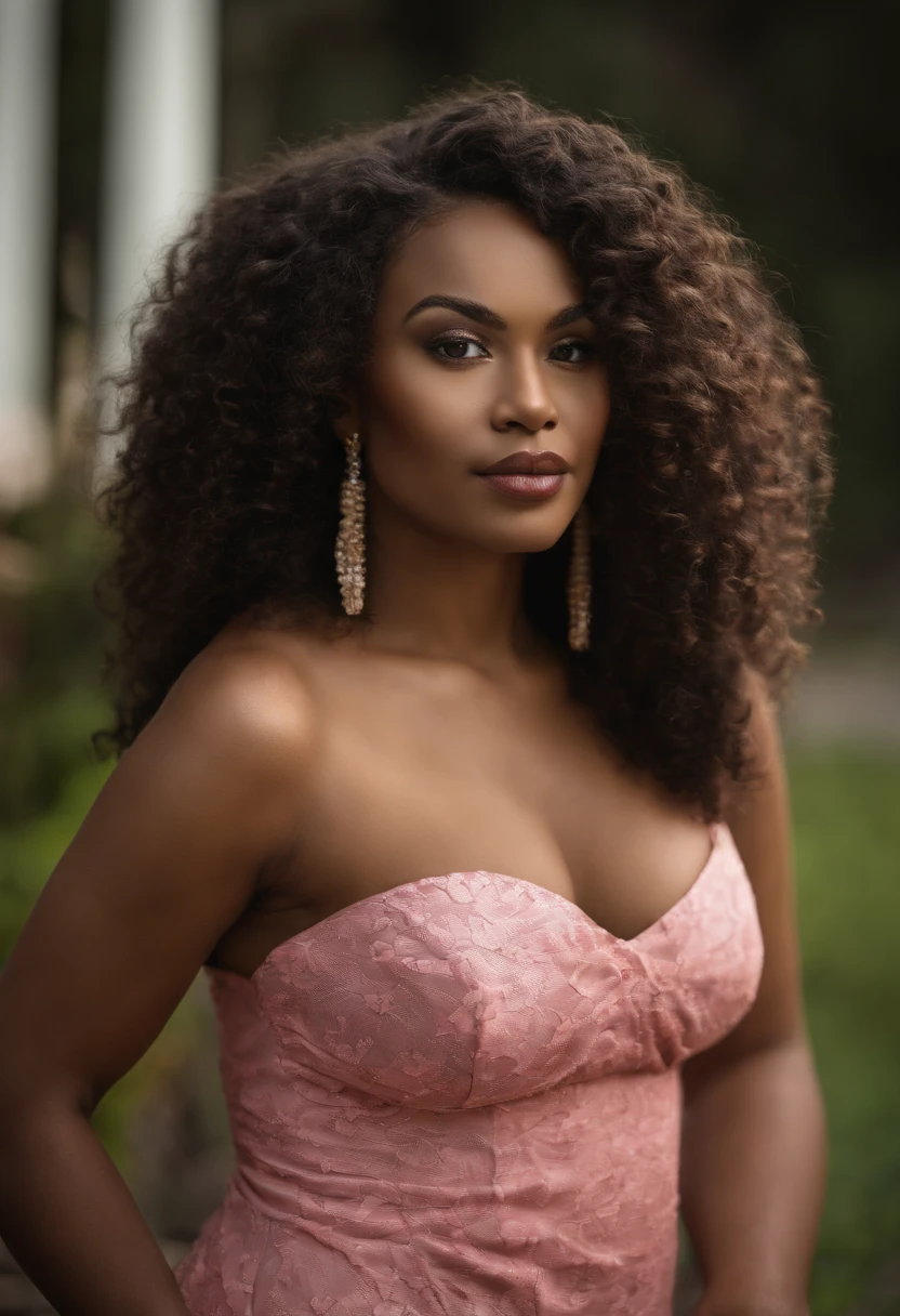Beautiful woman Ebitimi wearing pink dresig boobs))), (((cleavage))), usando vestido, mulher negra africana, mulher vermelha bonita, beleza estonteante, mulher deslumbrante, cabelo ondulado, mulher africana, in a square
