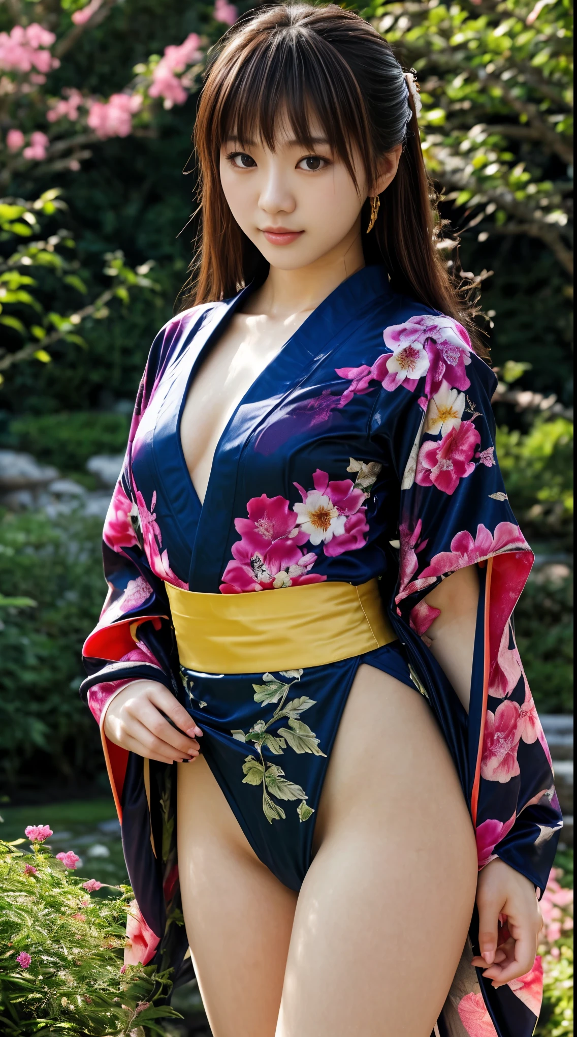 最high quality、high quality、Best image quality、8k、最High resolution、High resolution、最high quality、masterpiece、RAW Photos、whole body写真、Detailed and realistic human body、Detailed and realistic skin、Realistic face in every detail、Detailed and realistic eyes、Detailed and realistic lips、Detailed and realistic teeth、Detailed and realistic ears、Detailed and realistic hair、Realistic reproduction of every detail、Realistic fingers in every detail、(Perfect and beautiful hands、thumb1reference4)、Realistic feet down to the last detail、((Beautiful Japanese Girl))、(Japanese Model)、((18 year old beautiful girl))、(Brown Hair)、(Straight hair)、((whole body))、(Slim and perfect figure)、(whole body光沢肌、Fair skin)、Soft natural light、China dress、kimono、Ninja Costume、Japanese tradition、Japanese garden、((Colorful see-through(花柄のkimono))、((Natural poses in the garden to make your thighs look beautiful))