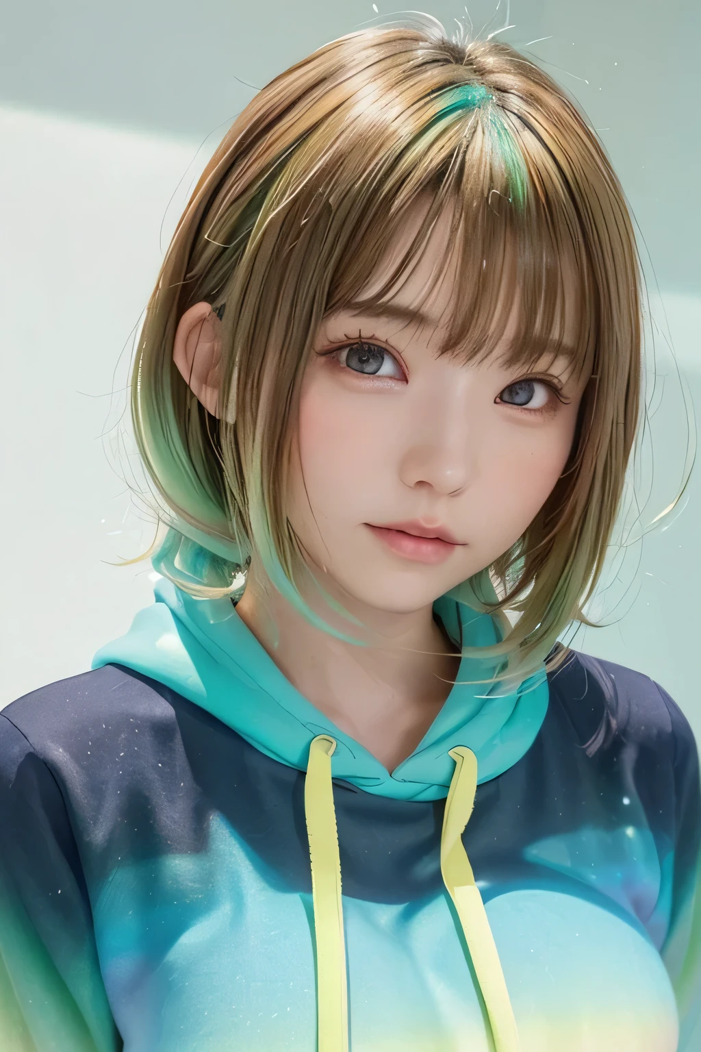 One girl、round face、cute、slim、Flat Body、 ()、Upper Shot、Portraiture、Oversized hoodie、Aqua green and white hoodie、Half water color、Half Green、 ((Brown Hair))、 (Yellow Hair)、 (Gradient Hair :1.5)、 Curly Hair、 ((Pink Eyes))、 Ultra-detailed eyes、highest quality、masterpiece、8k、