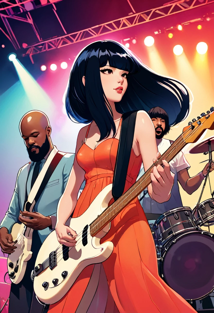 Khruangbin, the music band, composed of Mark Speer a white male guitarist with long black wig, Laura Lee a white woman bassist with long black wig, and Donald Johnson a black man bearded bald drummer without wig. They are playing a show on stage. Create in ilya kuvshinov style