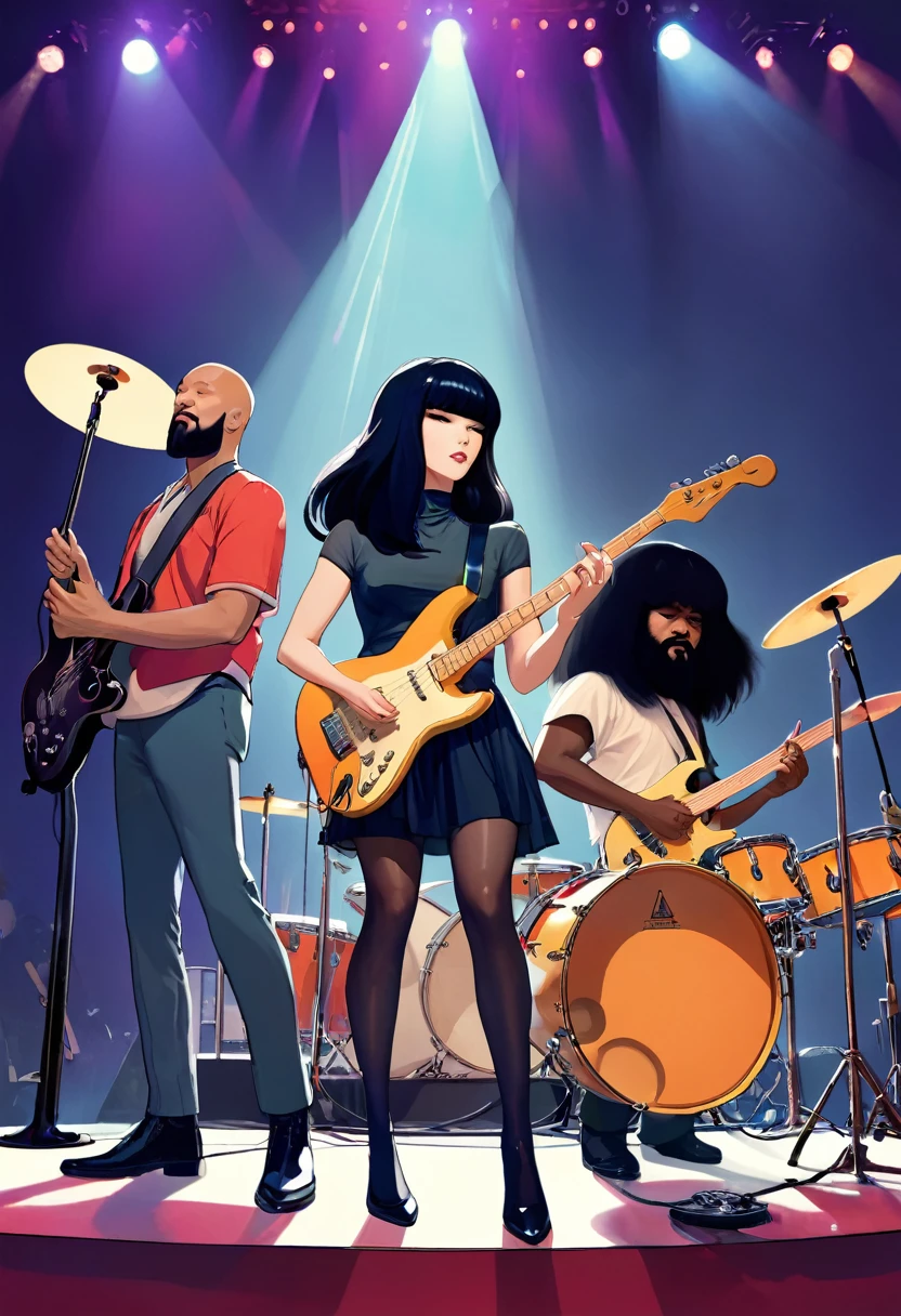 Khruangbin, the music band, composed of Mark Speer a white male guitarist with long black wig, Laura Lee a white woman bassist with long black wig, and Donald Johnson a black man bearded bald drummer without wig. They are playing a show on stage. Create in ilya kuvshinov style