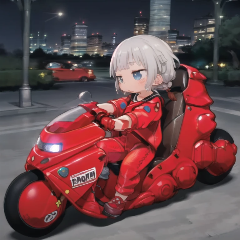 masterpiece,high quality, 1 girl,(serafuku:1.2),Sitting,Lean back;Put your foot forward, 10-year-old female,Thick eyebrows,Droopy eyes, Baby Face,Round face,Big round eyes,Braiding, Short pigtails, Blunt bangs,Gray Hair,Blue eyes,Very short stature,Very thin limbs,(((Red leather jumpsuit))),kanedabike,Large scooter,Very low seat,Low vehicle height,One step ahead,night、((Lights on))