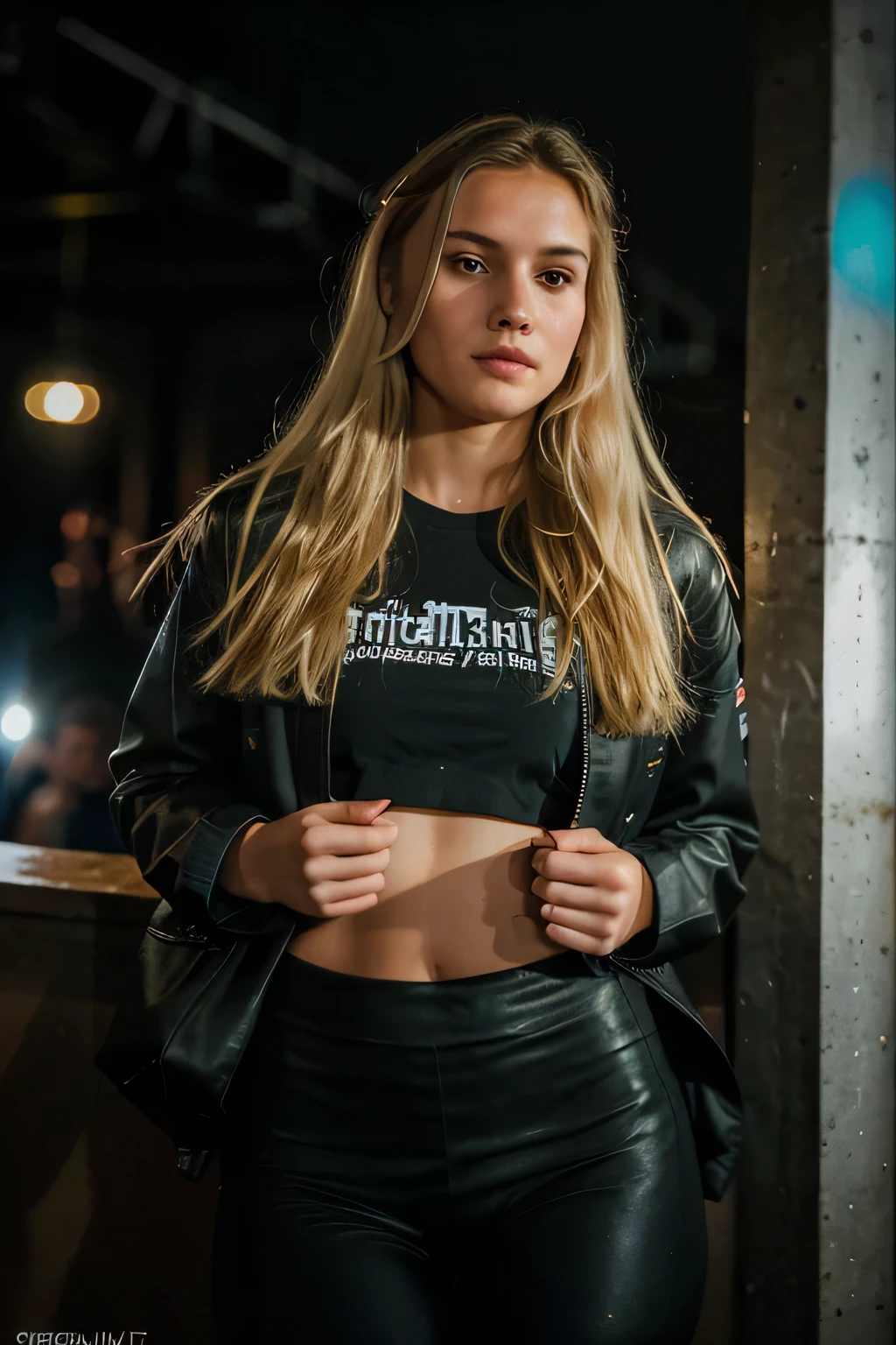 realistisches Foto, a realistisches Foto of 18yo Girl wearing leggings, blondes langes Haar, in a night club, (1 girl), (extrem detailliertes CG Unity 8k-Hintergrundbild), Photo of the most beautiful work of art in the world, professional majestic (Fotografie von Steve McCurry), 8k uhd, dslr, sanfte Beleuchtung, good quality, Filmkorn, Fujifilm XT3 scharfer Fokus, f 5.6, hohe Detailgenauigkeit, scharfer Fokus, dramatisch, (Betrachter betrachten:1.2), (detailed students:1.3), (natural light),