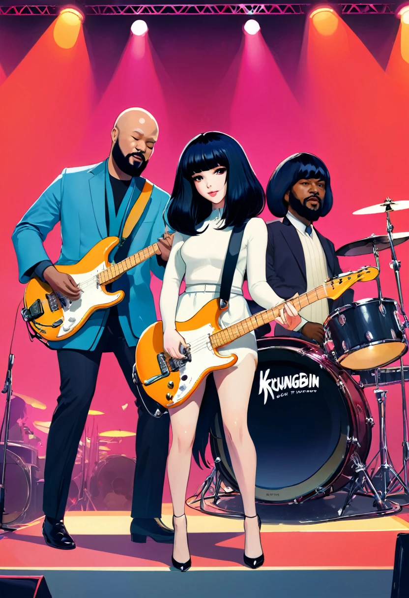 Khruangbin, the music band, composed of Mark Speer a white male guitarist with long black wig, Laura Lee a white woman bassist with long black wig, and Donald Johnson a black man bearded bald drummer without wig. They are playing a show on stage. Create in ilya kuvshinov style