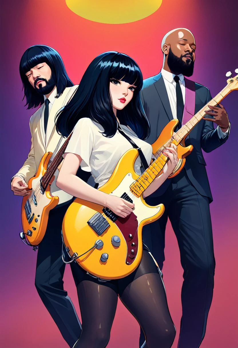 Khruangbin, the music band, composed of Mark Speer a white male guitarist with long black wig, Laura Lee a white woman bassist with long black wig, and Donald Johnson a black man bearded bald drummer without wig. They are playing a show on stage. Create in ilya kuvshinov style