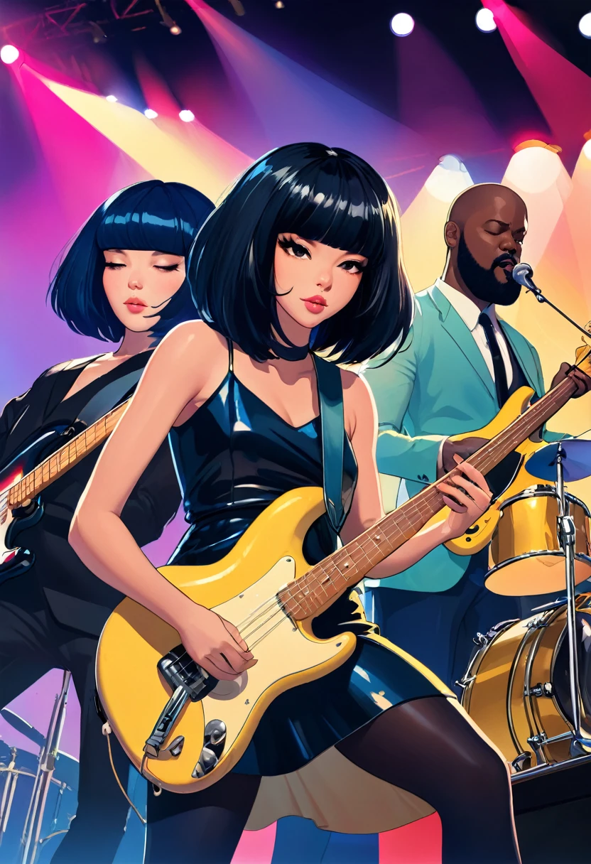 Khruangbin, the music band, composed of Mark Speer a white male guitarist with long black wig, Laura Lee a white woman bassist with long black wig, and Donald Johnson a black man bearded bald drummer without wig. They are playing a show on stage. Create in ilya kuvshinov style