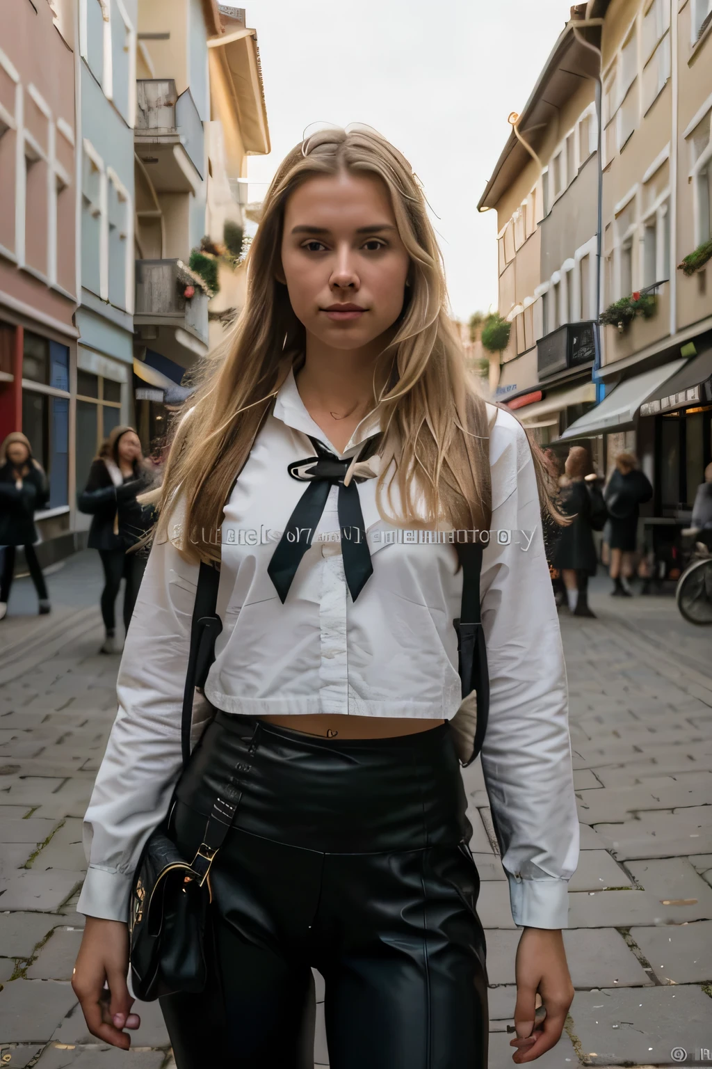 realistisches Foto, a realistisches Foto of 18yo Girl wearing leggings, blondes langes Haar, on the street, (1 girl), (extrem detailliertes CG Unity 8k-Hintergrundbild), Photo of the most beautiful work of art in the world, professional majestic (Fotografie von Steve McCurry), 8k uhd, dslr, sanfte Beleuchtung, good quality, Filmkorn, Fujifilm XT3 scharfer Fokus, f 5.6, hohe Detailgenauigkeit, scharfer Fokus, dramatisch, (Betrachter betrachten:1.2), (detailed students:1.3), (natural light),