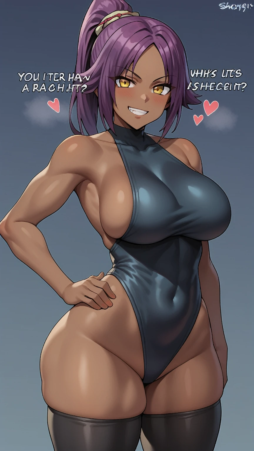 1girl, shihouin_yoruichi, breasts, dark_skin, dark-skinned_female, yellow_eyes, solo, purple_hair, sideboob, english_text, thighhighs, large_breasts, smile, leotard, speech_bubble, hand_on_hip, looking_at_viewer, ponytail, long_hair, thighs, highleg, black_thighhighs, bare_shoulders, black_leotard, highleg_leotard, grin, thick_thighs, collarbone, skindentation, parted_bangs, bangs, wide_hips, heart