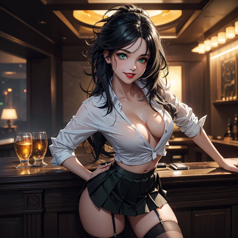 masterpiece, best quality, 8K wallpaper, HDR, octane rendering. A girl, sensualizing in the nightclub, wearing (buttoned white shirt), (open shirt: 1,2), (belly button), (black pleated mini skirt), (fishnet stockings), nightclub break with flash of colored lights, detailed landscape, the girl has (messy hair, shiny black hair:1.4), (beautiful and detailed face with perfect symmetry), (beautiful and detailed green eyes:1.2), (red lips, smile, teeth:1.2), (body with perfect anatomy , perfect natural texture, high details, glowing skin) cinematic lighting, vivid colors, detailed illustration, depth of field.