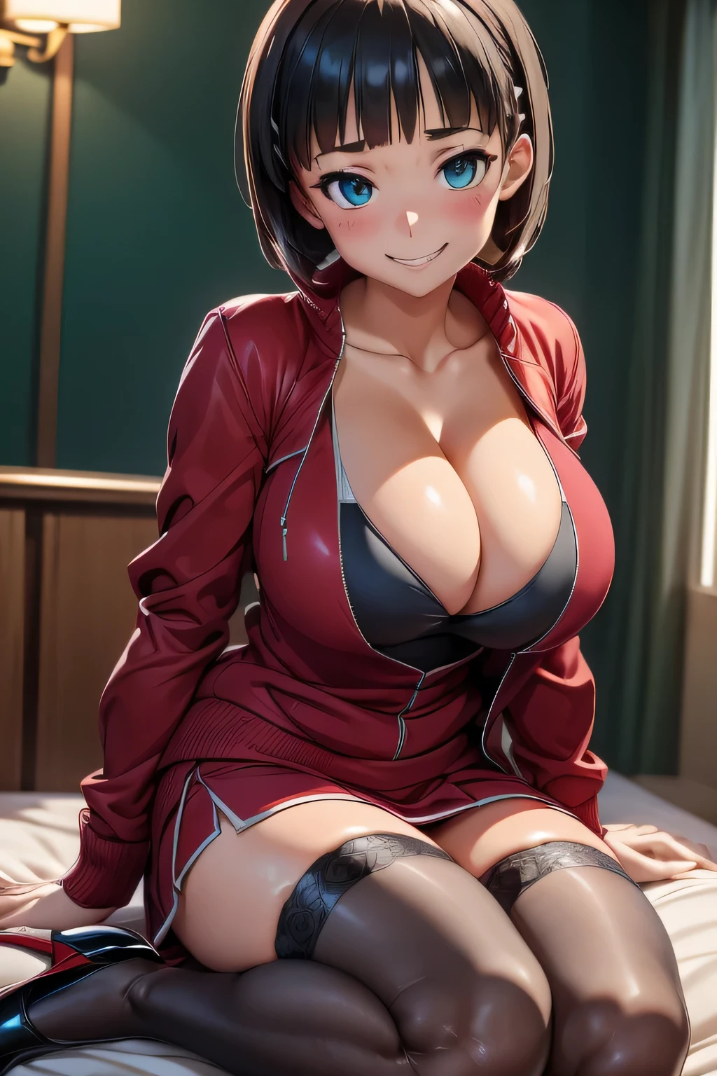 (high quelity), Kirigaya Suguha, JK, short red dress, thight stockings, mischievous smile, light blush, looking at viewer, huge breasts, precise hands, sexy pose, detailed background, high heels, bend knee, cleavage, red minijacket, open jacket