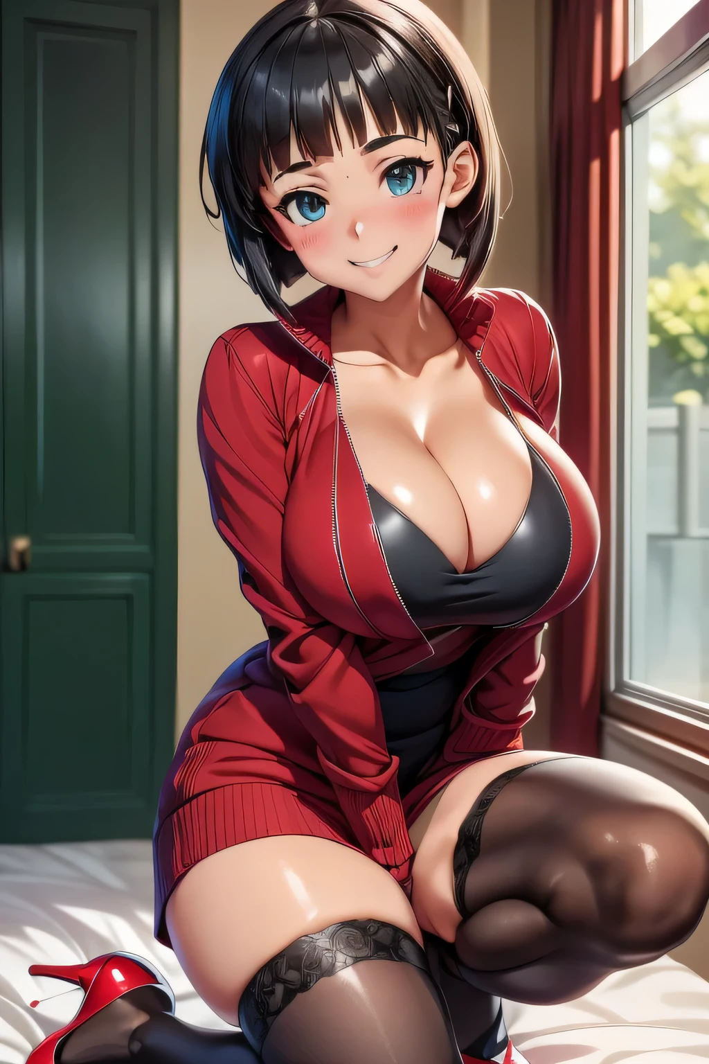 (high quelity), Kirigaya Suguha, JK, short red dress, thight stockings, mischievous smile, light blush, looking at viewer, huge , precise hands, sexy po detailed background, high heels, bend knee, cleavage, jacket, open jacket