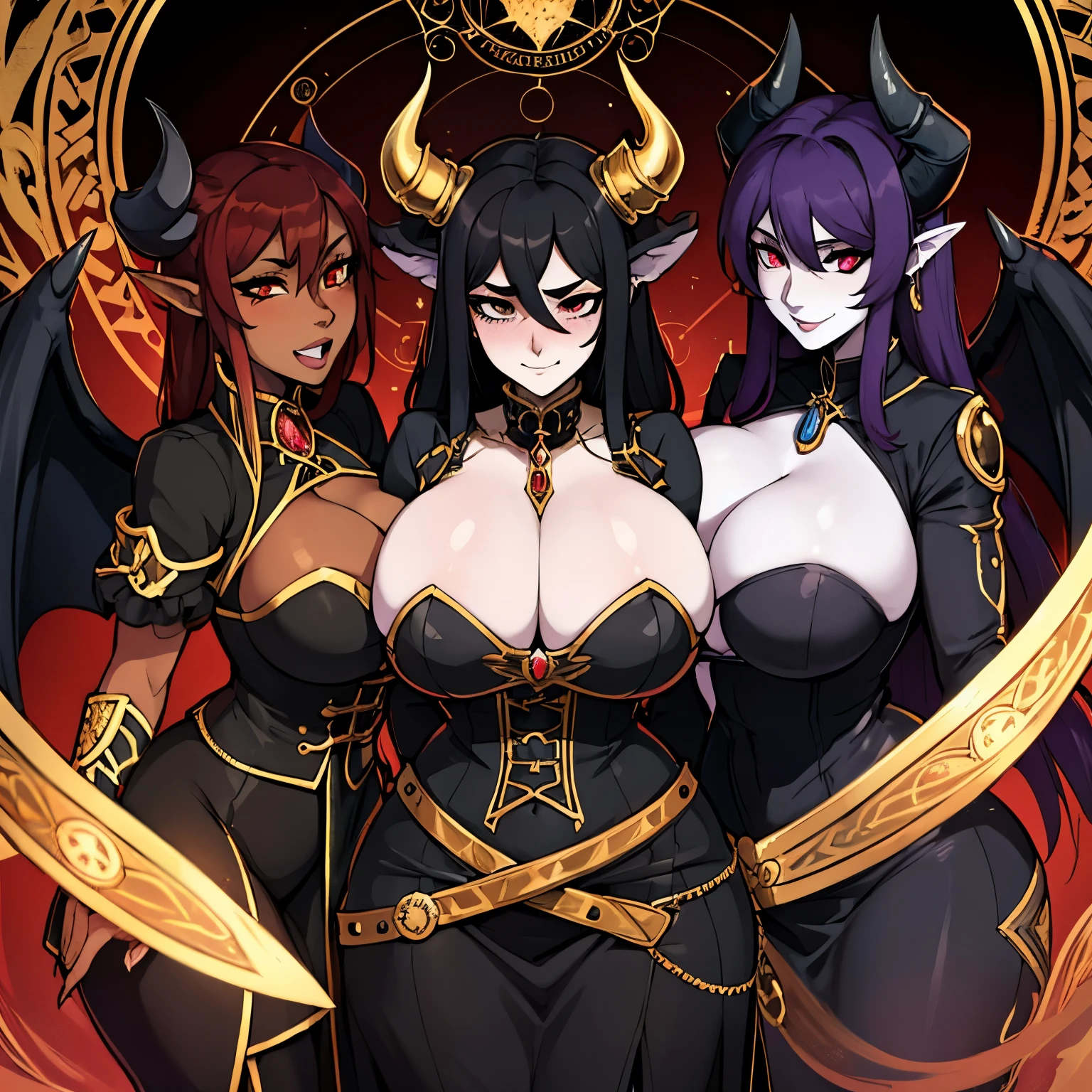 Steampunk Art, Laboratory Magic Circle, Three female demons summoned, A look full of self, horn, Black wings, Black tail, Black Dress