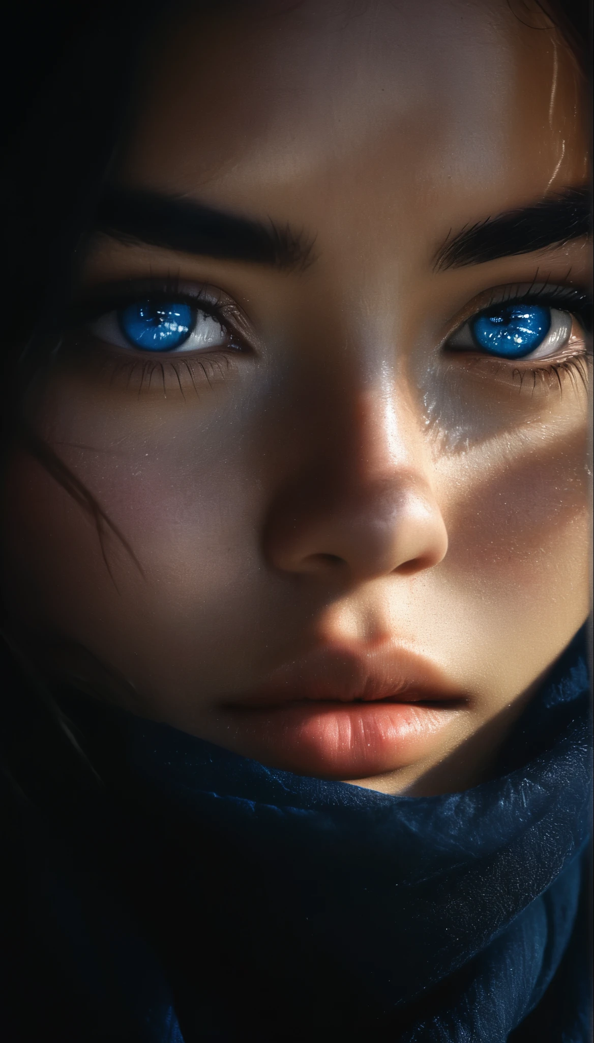 (closeup shot:1.37), portrait of a woman, Asian origin, scarf on head, the same scarf covers mouth and nose,beautiful blue eyes,few strands of hair visible,(best quality,4k,8k,highres,masterpiece:1.2),ultra-detailed,(realistic,photorealistic,photo-realistic:1.37),oil painting style,warm color tones,soft lighting, little dark, Low-key lighting Style