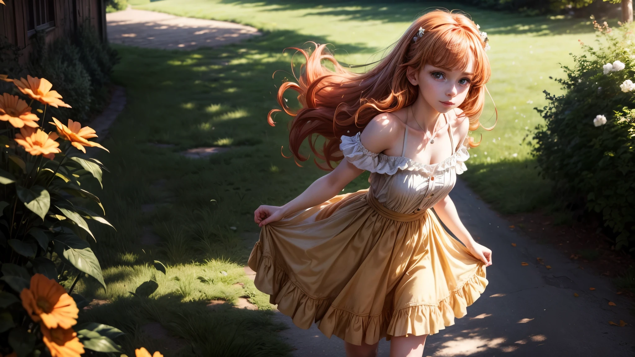 8k, masterpiece, ta, ginger hair, ginger eyebrows, she's looking at you, bare shoulders, delicate legs, plated skirt, looking at the viewer, Looks straight into your eyes, her gaze is directed at you, Sunlit, Frolicking happily, small smile, colorful Dress with skirt, Frickles, forrest on a windy day, sunlit day