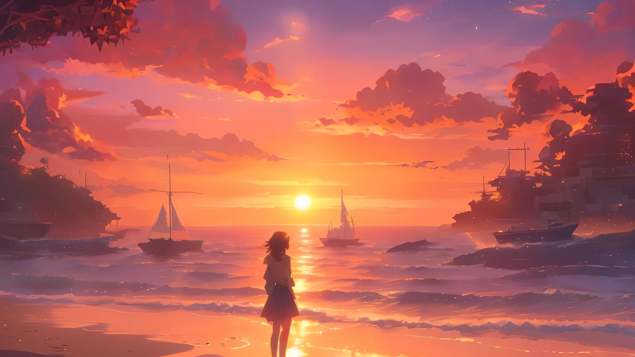 anime girl looking at sunset on the beach with boats in the water, makoto shinkai cyril rolando, anime beautiful peace scene, Watching the sunset. anime, beautiful anime scene, anime art wallpaper 8 k, anime art wallpaper 4 k, anime art wallpaper 4k, 4k anime wallpaper, Awesome Wallpapers, beautiful anime scenery, Watching the sunset少女