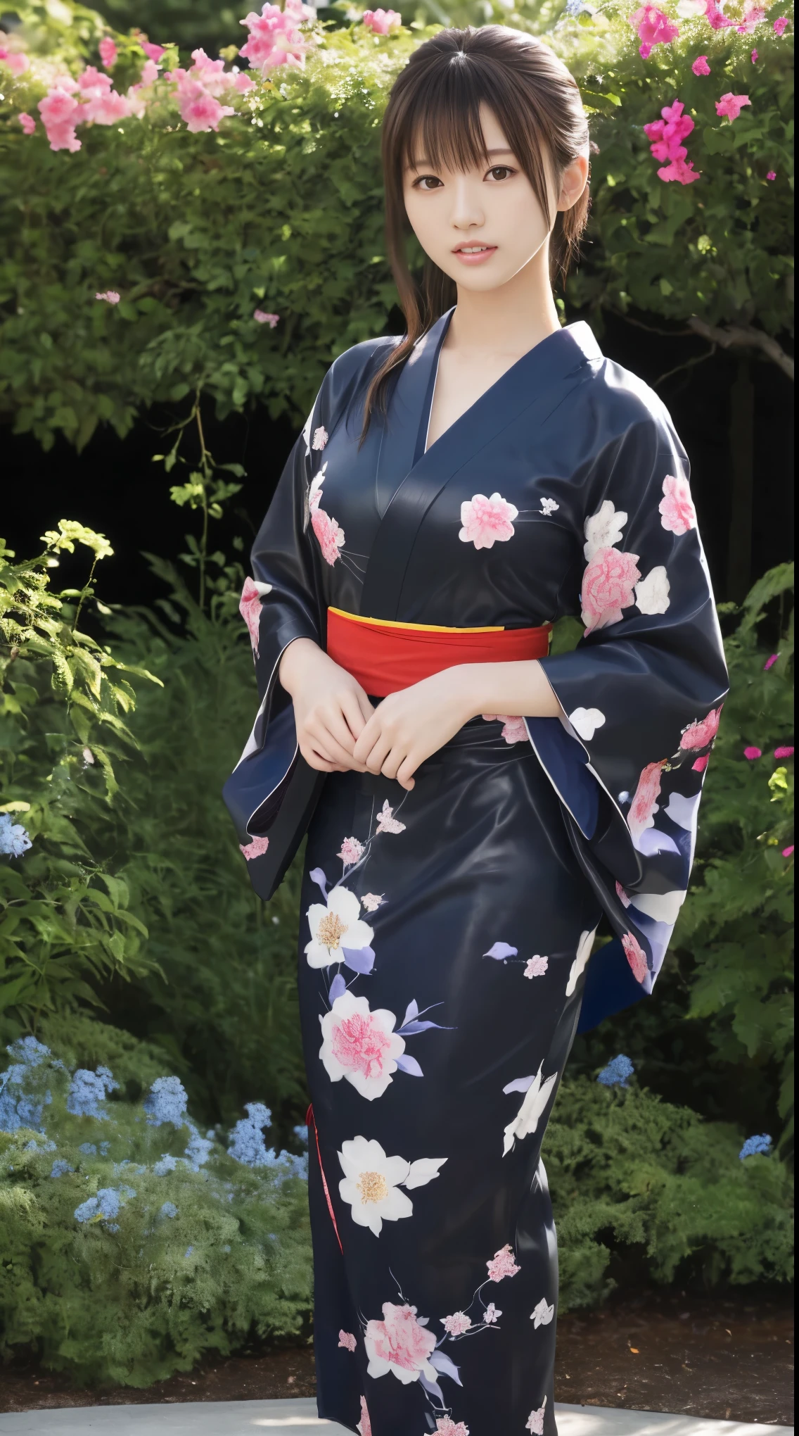最high quality、high quality、Best image quality、8k、最High resolution、High resolution、最high quality、masterpiece、RAW Photos、whole body写真、Detailed and realistic human body、Detailed and realistic skin、Realistic face in every detail、Detailed and realistic eyes、Detailed and realistic lips、Detailed and realistic teeth、Detailed and realistic ears、Detailed and realistic hair、Realistic reproduction of every detail、Realistic fingers in every detail、(Perfect and beautiful hands、thumb１reference４)、Realistic feet down to the last detail、((Beautiful Japanese Girl))、(Japanese Model)、((18 year old beautiful girl))、(Brown Hair)、(Straight hair)、((whole body))、(Slim and perfect figure)、(whole body光沢肌、Fair skin)、Soft natural light、China dress、kimono、Ninja Costume、Japanese tradition、Japanese garden、((Colorful Leather(花柄のkimono))、((肌に張り付くkimono))、((Natural poses in the garden to make your thighs look beautiful))