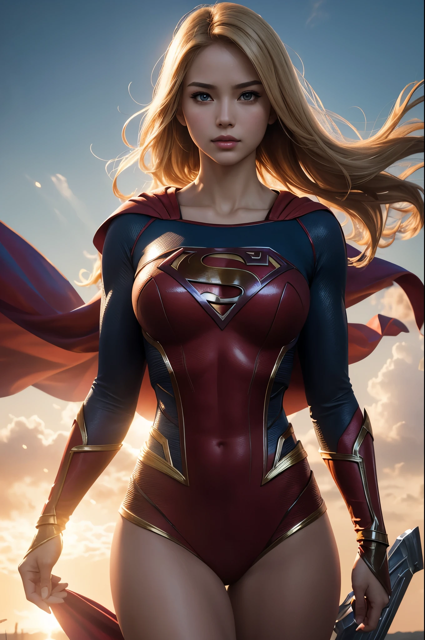 8K,Heroine of Justice,Supergirl,Blonde,Super Beauty(Like the real thing),Kryptonian,Superman Costume,masterpiece,Photorealistic RAW photos of the highest quality。Bright colors,Rich colors, Backlight, Cinema Lighting, Film Grain, to be born, 50mm lens, Nikon D850,Realistic Skin,Fantasy art,Character Art,Ultra-high resolution,Surreal,A wonderful work of art、((Kyoto Panel Style))、Wind effects:1.9、Cloud Effect:1.2、Full Rendering、Professional quality high resolution、Perfect contrast、Perfect lighting、Perfect composition、Perfect Skin、Perfect Fingers、Perfect breasts、Perfect Hair、Perfect Face、Realistic facial features,super highest quality,Slim figure,Perfect body line,Perfect hand shape,Anatomical body balance,Highly detailed face,Highly detailed eyes,Beautiful Lips,Excellent light particles,Cinema Lighting,Makeup,Ultra-high resolution,超Realistic Skin,Sexy woman closeup,Dynamic pose,Hard and strong abs,Makeup,Very large breasts,Fighting Pose,Superman Costume,BATTLE MODE,