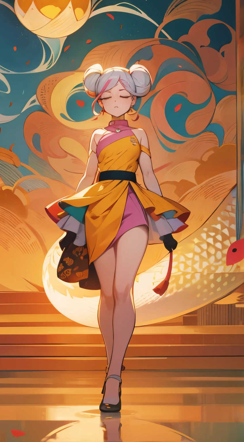 woman floating in the air, (multi-color hair), limp body, asleep, vibrant opalescent lighting, flecks in the air, dynamic lighting, warm color pallet, knit, brocade, gold carp, poppies, swirling air movement, wide angle, full body view, loose fabric, geometric shapes, small breasts, sherbet, persimmon, up-do hair, Bauhaus, geometric shapes, white snake mermaid